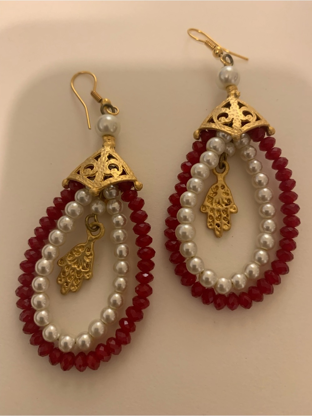 Gold Hamsa Pearl & Red Bead Drop Earrings